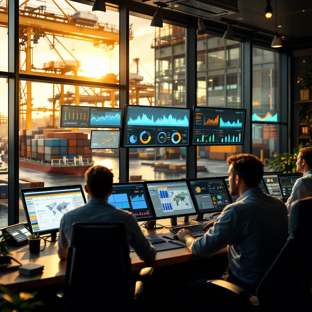 A high-resolution image of a modern container port control room with multiple large screens showing live dashboards, maps, and charts; operators at work monitoring displays; no text or numbers visible