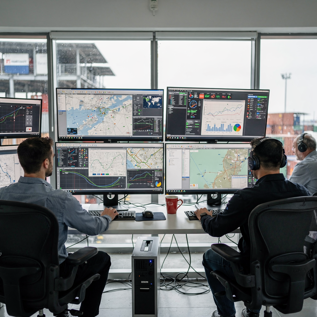 Modern port control room showing operators at monitors with charts and maps, illustrating coordinated operations (no text or numbers)