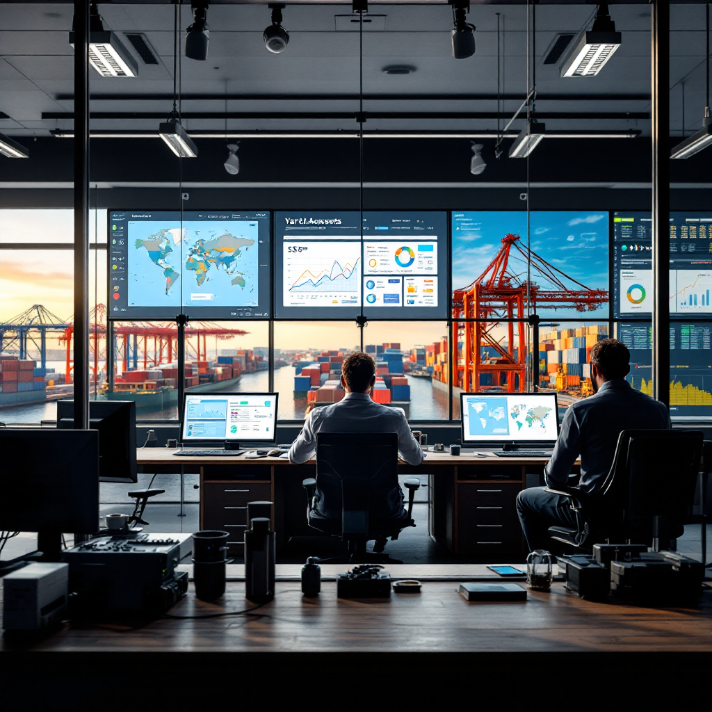 A mixed view of a port control room with operators monitoring real-time dashboards, maps of yard assets and 5G edge servers in the background, emphasizing collaboration and data (no text or numbers)