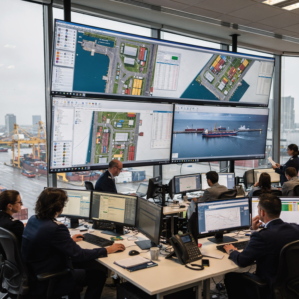 Port control room with real-time maps A modern port control room with large screens showing yard maps, vessel berths and real-time data feeds, multiple operators collaborating at consoles, no text