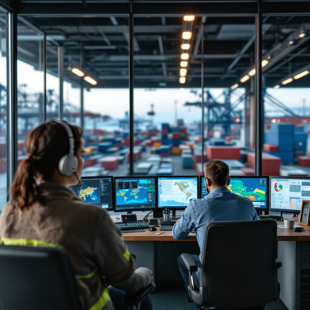 Port control room with screens and staff Control room of a busy port showing screens with terminal operating system dashboards, maps of container yard, and staff coordinating via headsets, bright well-lit interior
