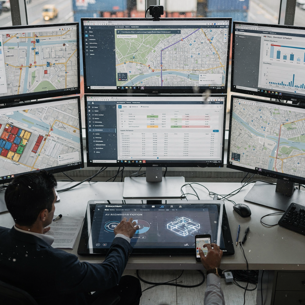 An overhead view of an integrated port logistics control room showing screens with maps, schedules, and AI-driven recommendations, with staff collaborating and touchscreen interfaces (no text)