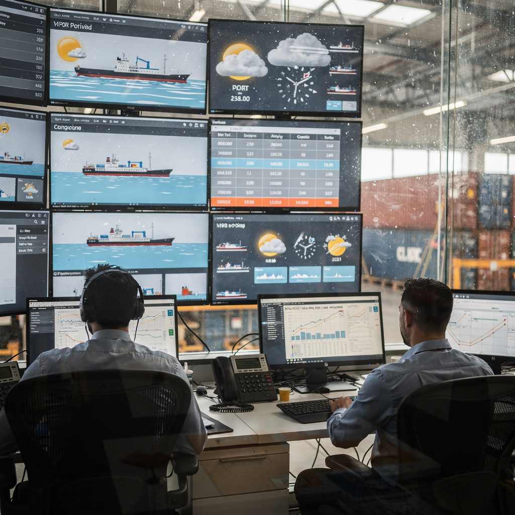 A high-level control room showing operators viewing real-time port analytics dashboards with ship icons, schedules, and weather overlays; no text