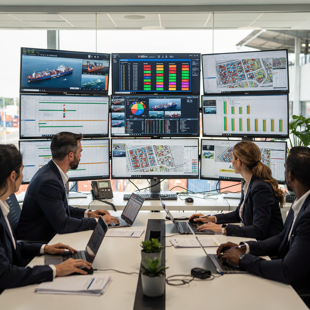Close-up view of a port operations control room with multiple screens showing live KPIs, vessel stow plans, yard maps, and staff collaborating around a table, bright modern workspace