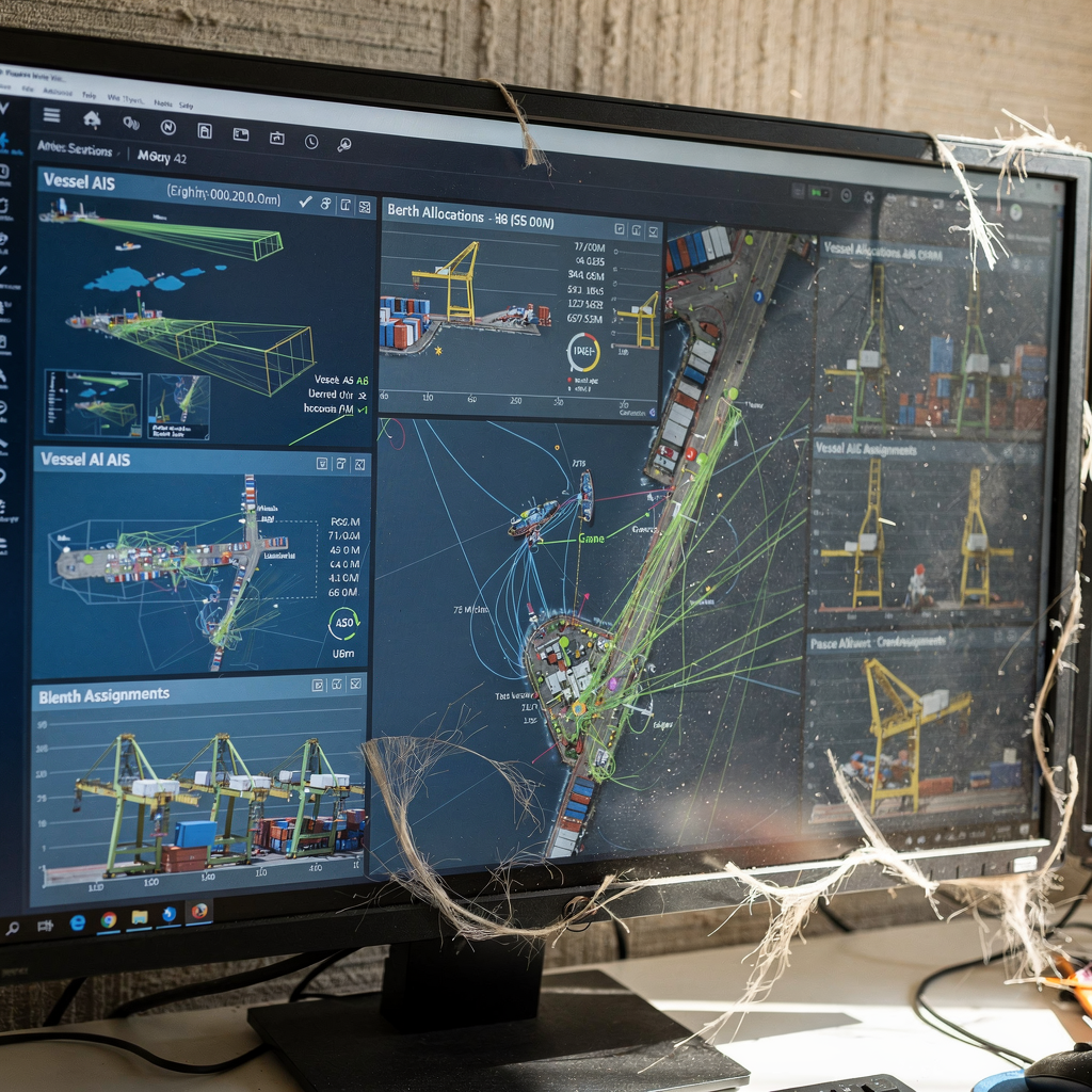 A dashboard style image showing abstract representations of vessel AIS tracks, berth allocations, and crane assignments in a port operations control room, no text or numbers