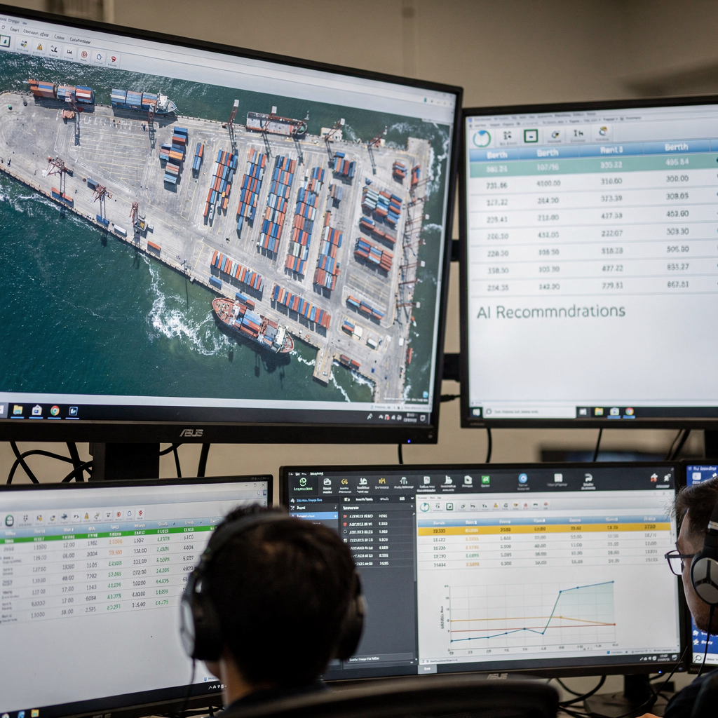 Close-up view of a control room in a port remote operations centre with large screens showing yard layout, berth schedule and AI recommendations, no text