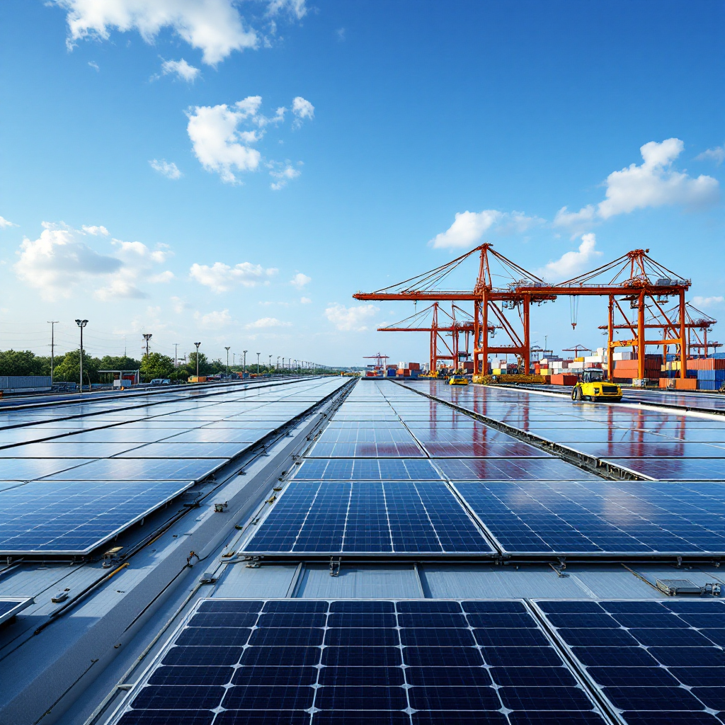 A port terminal roof covered with solar panels, adjacent battery storage containers, and electric yard cranes moving containers with a clear sky backdrop