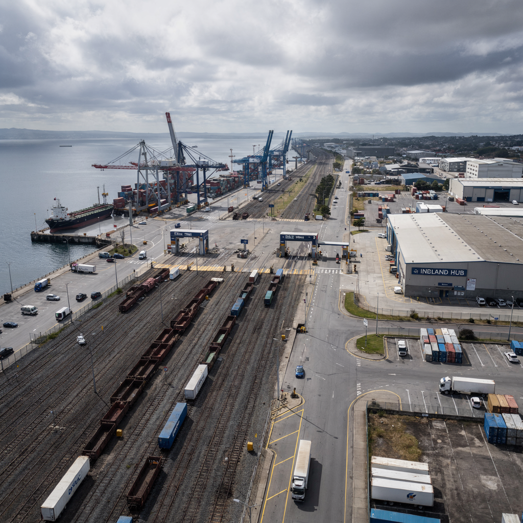 An aerial view of a port showing rail connections to the terminal, on-dock rail wagons, trucks accessing gates, and a nearby inland hub with storage, cloudy sky, wide composition
