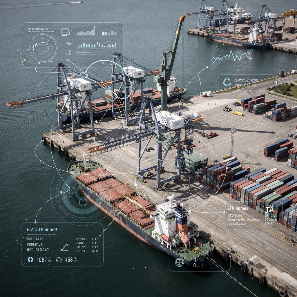 An aerial view of a mixed quay and yard area with ships at berth, cranes in operation, and visible digital overlays indicating data flows and ETA information