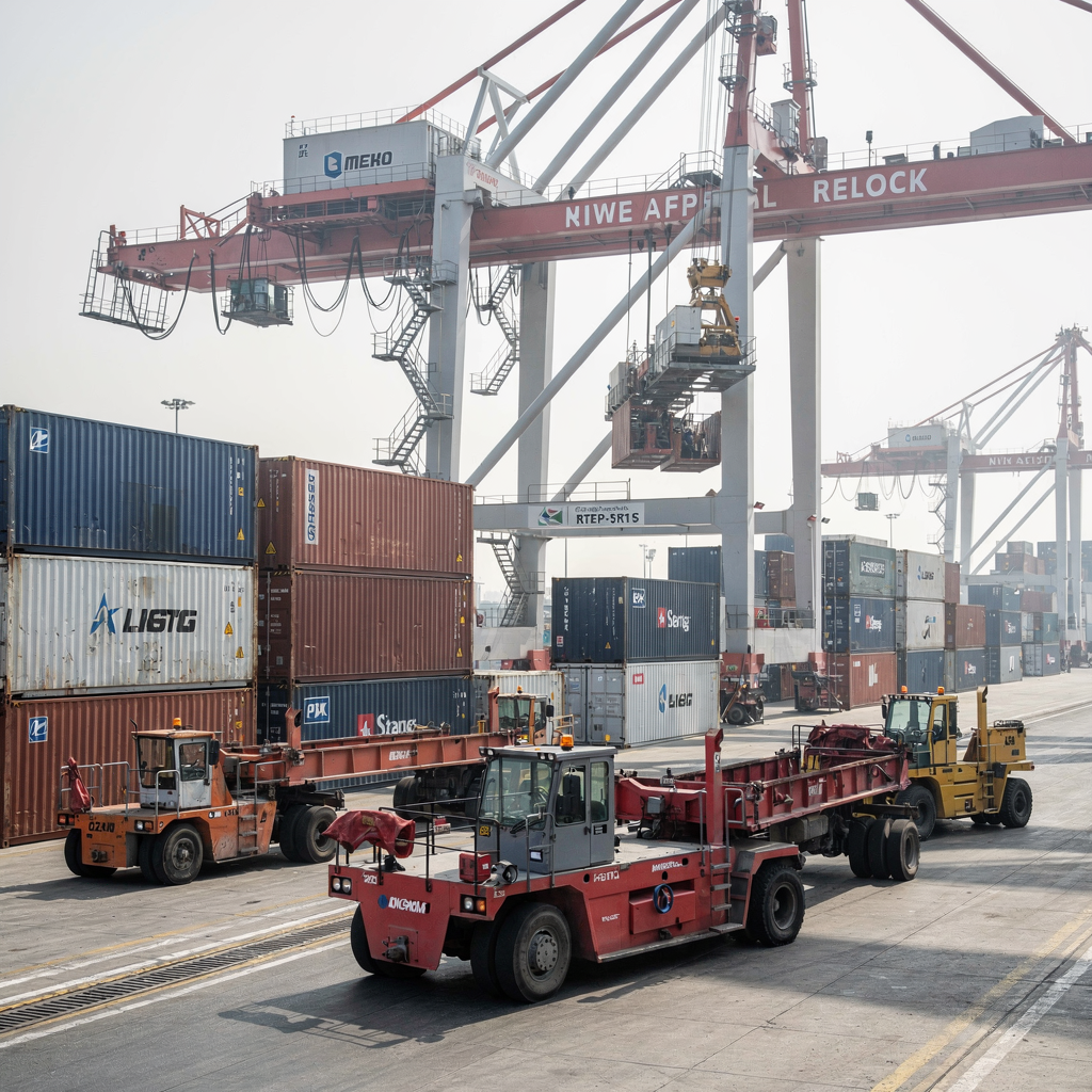 Quay crane and yard equipment interaction Close-up scene of a quay crane and RTG operating in a container yard with straddle carriers moving loads, showing equipment interaction but no people details