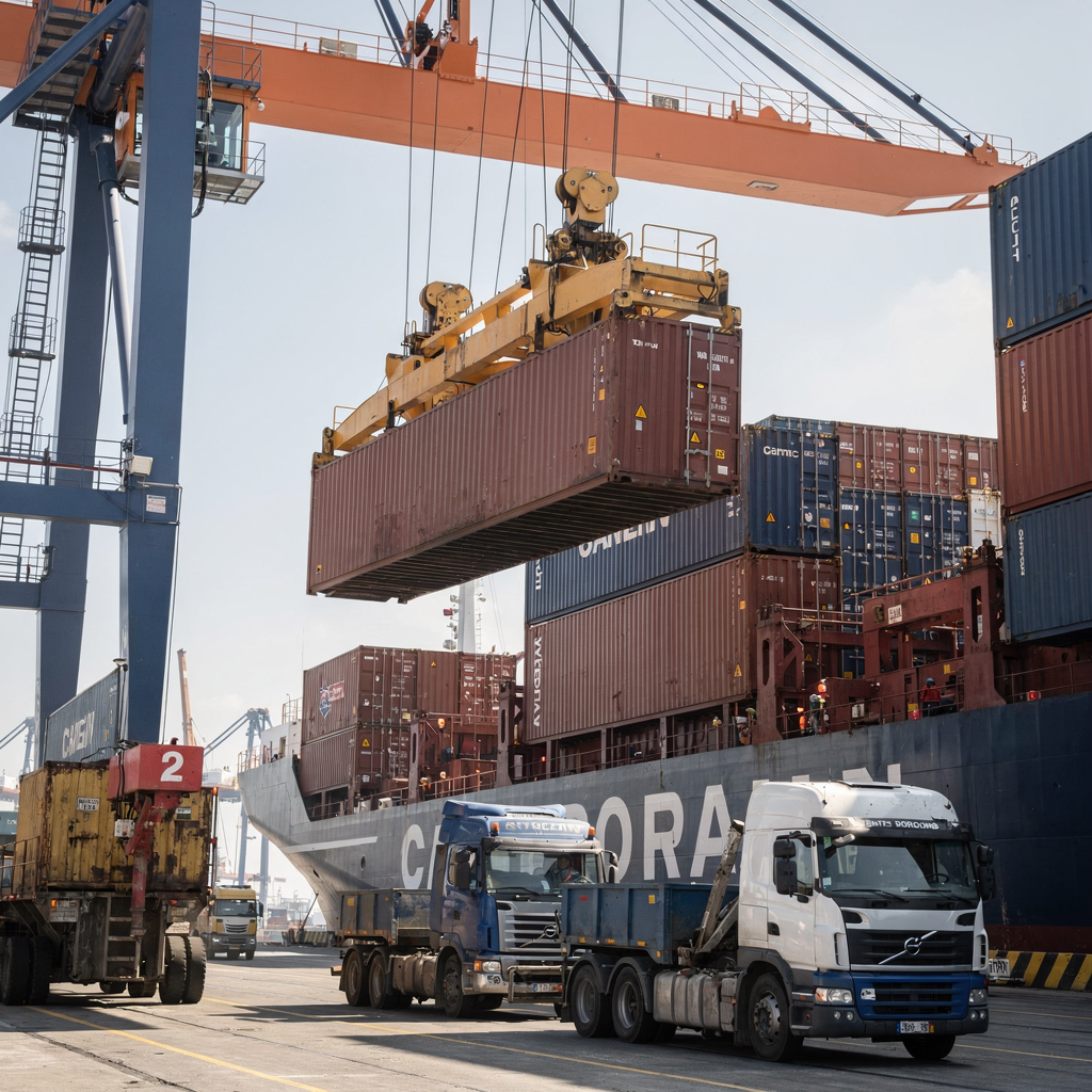 Close-up view of a quay crane lifting a container from a ship with yard trucks and stacks of containers in the background, showing operational coordination. No text or numbers in the image.