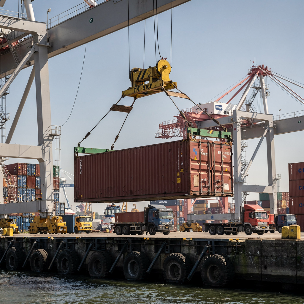 Close-up scene of a quay crane lifting a container from a vessel with yard cranes and trucks in the background, clear weather, high-resolution, no text