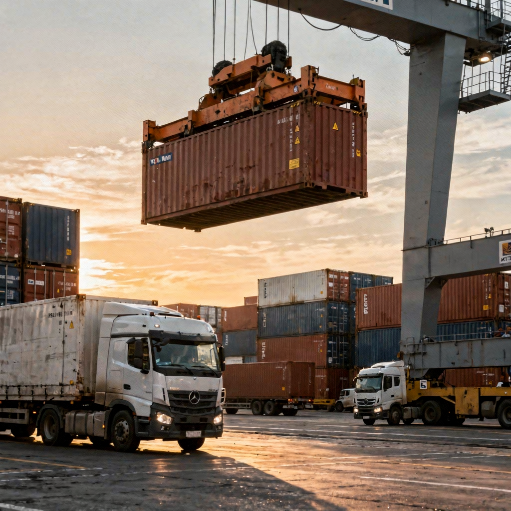 Quay crane lifting container at a busy terminal Close-up image of a quay crane lifting a container at sunrise with a yard of stacked containers and trucks in the background, showing calm efficient operations