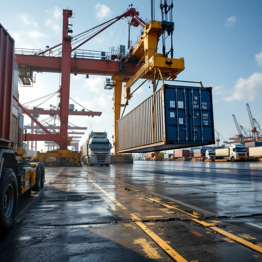 Close-up perspective of a quay crane lifting a container at a busy berth with yard cranes and trucks visible in the background under clear sky