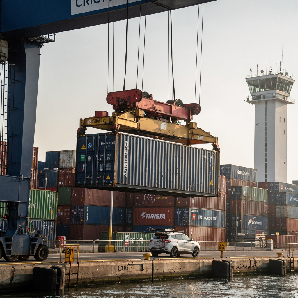Quay crane lifting container at busy terminal Close-up view of a quay crane lifting a container with a busy background of stacked containers and a terminal control tower, showing coordinated operations and data-driven planning, with soft natural lighting and no text