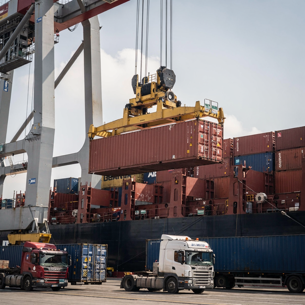 Close-up view of a quay crane lifting a container from a vessel with a busy quay and trucks in the foreground, photorealistic, no text