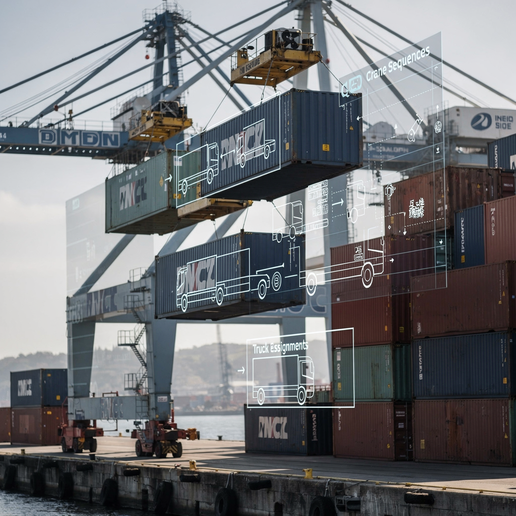 Close-up view of quay cranes lifting containers while an overlay shows predicted crane sequences and truck assignments, implying digital coordination across systems (no text or numbers)