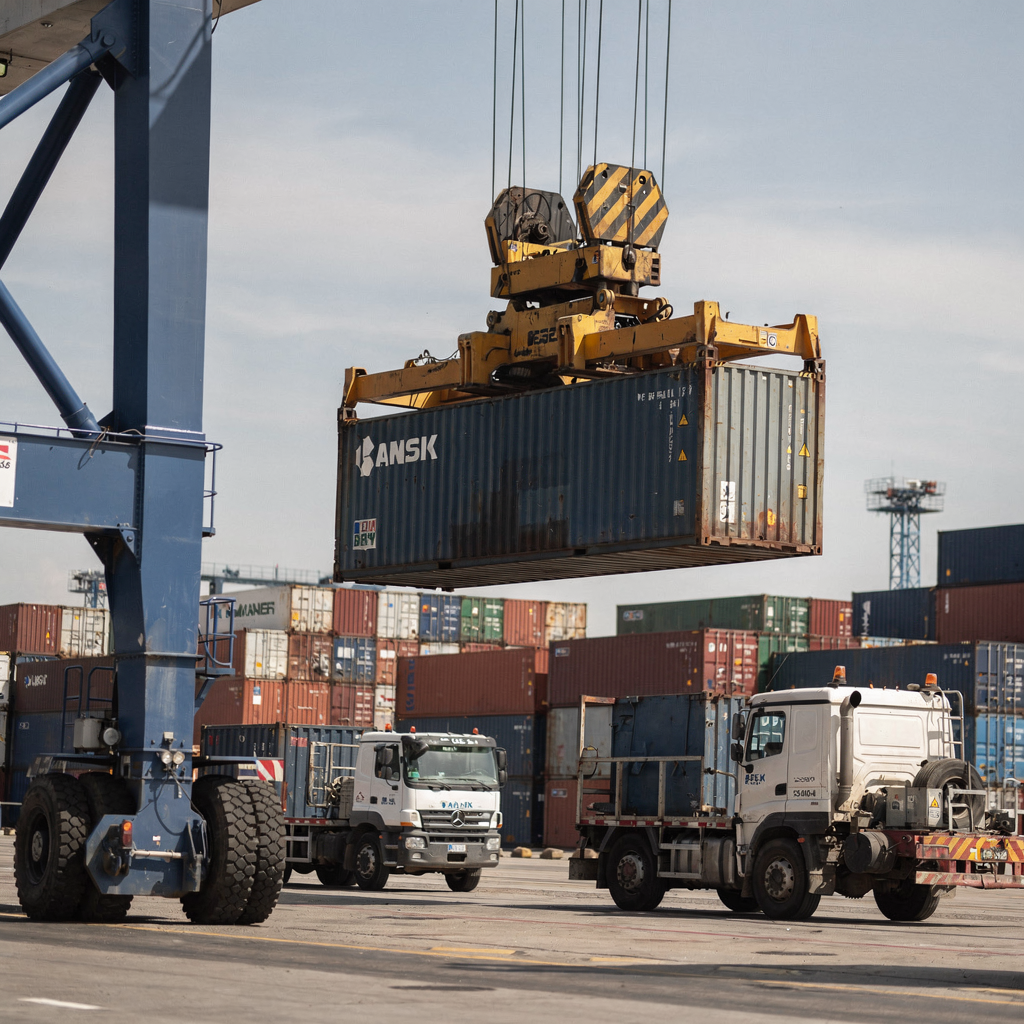 Close-up of a quay crane lifting a container while a yard truck and a yard crane coordinate moves in the background, clear composition, high detail