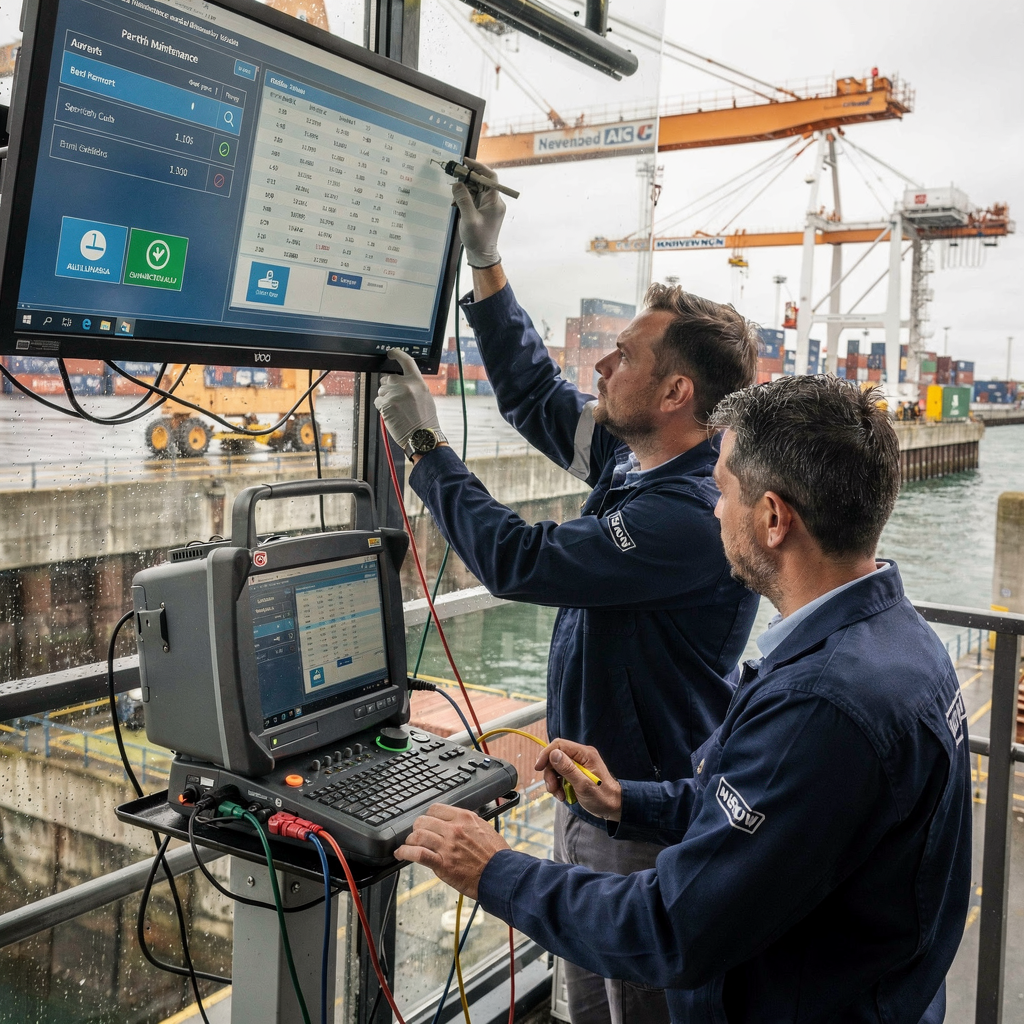 Quay crane maintenance with predictive alerts visible Technicians performing planned maintenance on a quay crane with diagnostic equipment connected, while nearby screens show predictive maintenance alerts and berth schedules