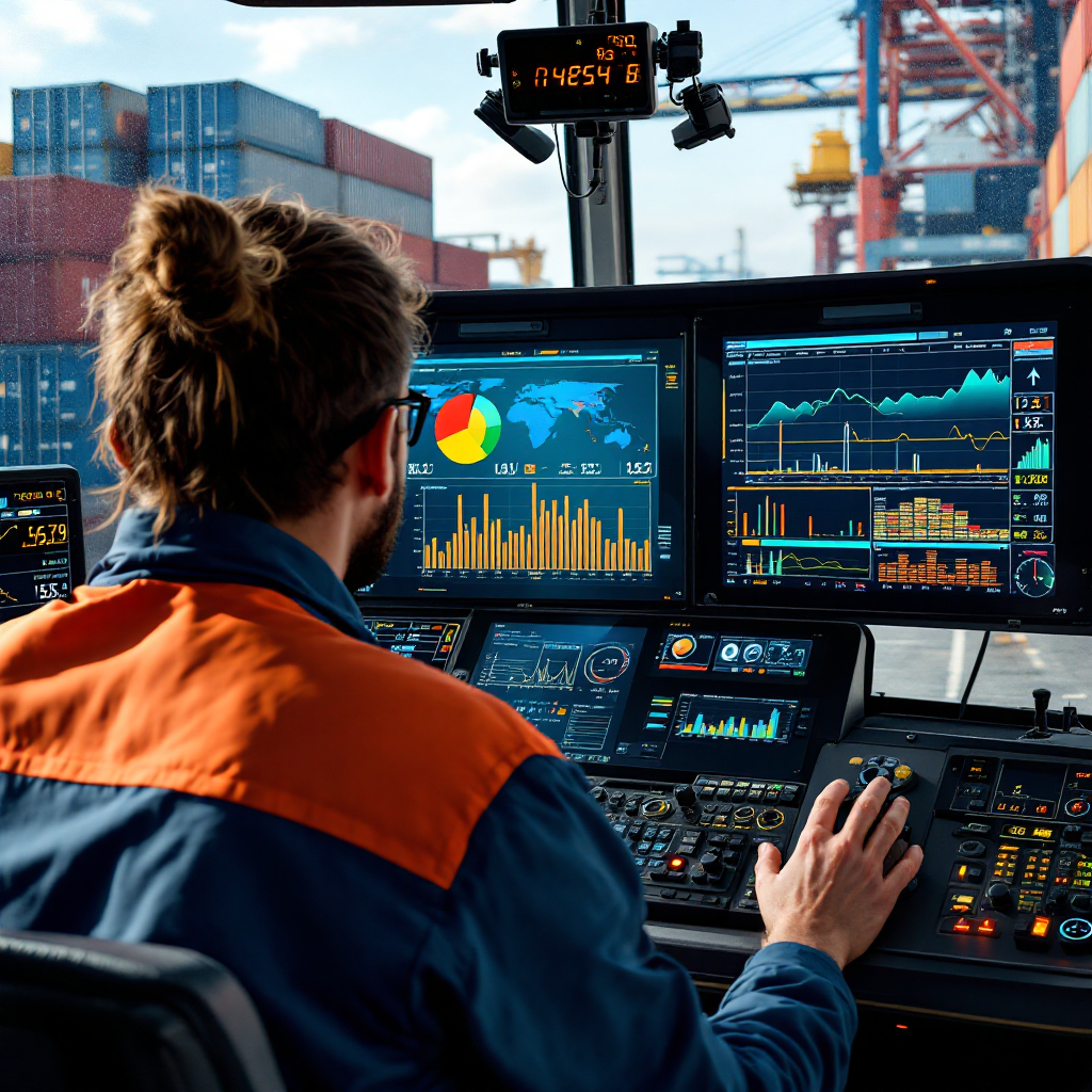Close-up view of a quay crane operator cabin with digital screens showing schedules and data overlays, background of container stacks and a ship, daytime