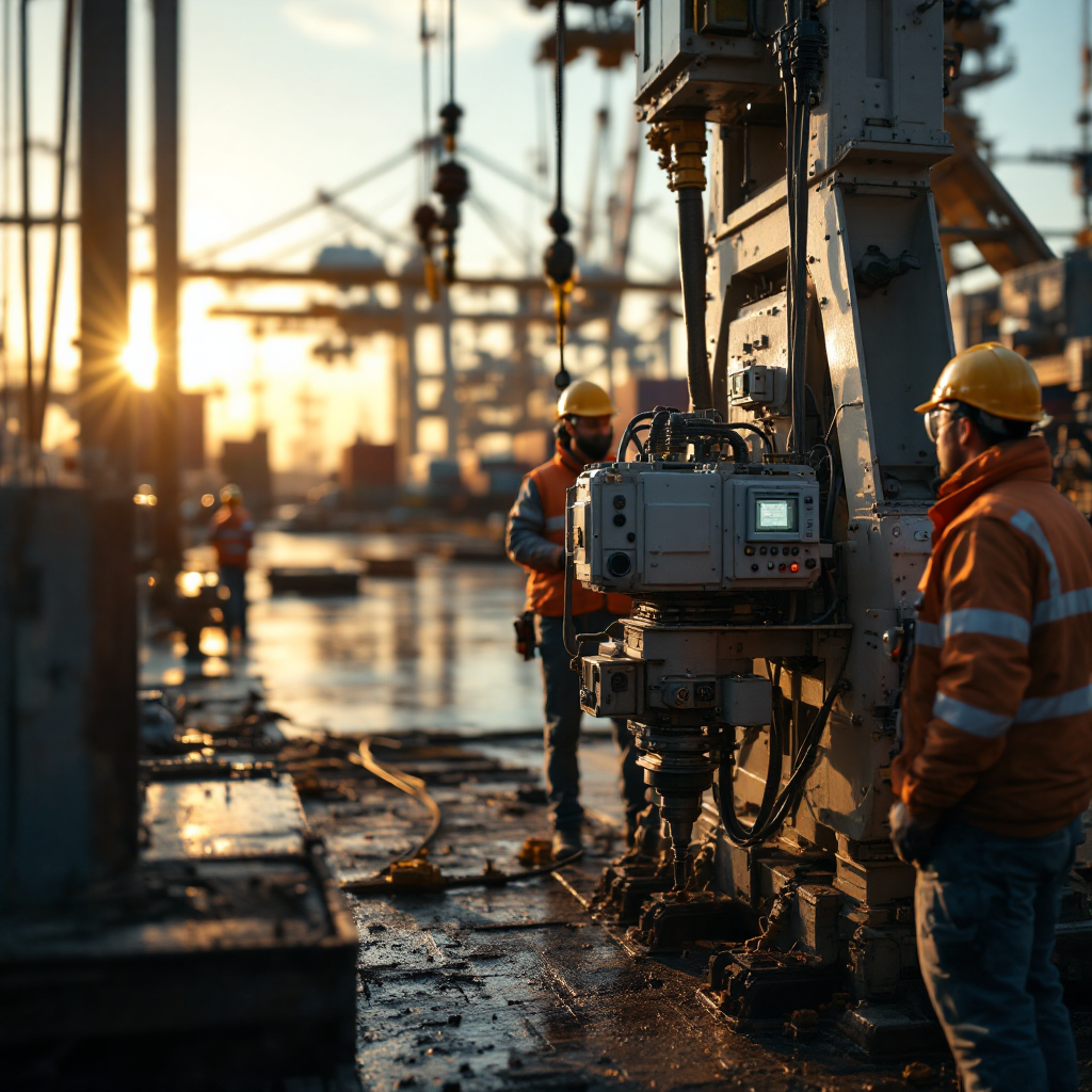 Close-up of a quay crane mechanism with sensors and monitoring equipment, technicians working nearby; no text or numbers