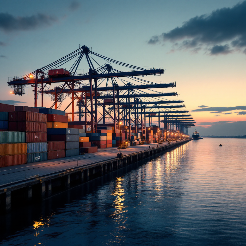 A modern container quay at dawn with multiple quay cranes aligned along the berth, calm water, and container stacks in the background, no text or numbers