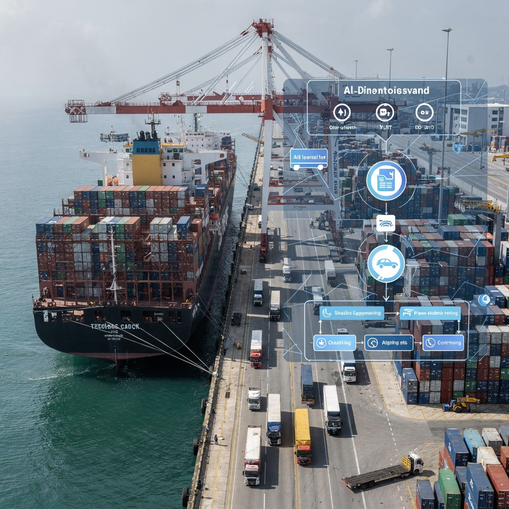 Quay cranes and AI-driven yard planning overlay An aerial view of a quay with cranes unloading an ultra-large container vessel, trucks moving containers away, and an overlay showing AI-driven stacking and routing suggestions (no text or numbers)