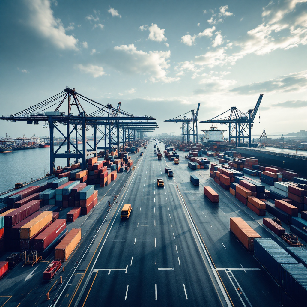 A broad, high-angle view of a busy container terminal showing quay cranes unloading a ship and multiple yard cranes moving containers in the storage yard, clear lanes and stacked containers, no text