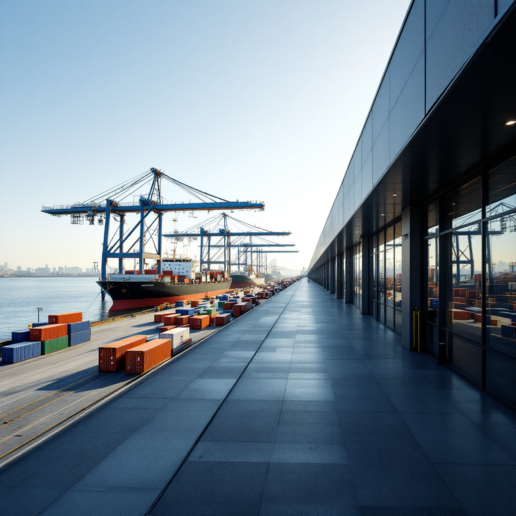 A modern container berth at a deepsea port with multiple quay cranes aligned along a long quay wall, ships moored and containers stacked in the yard, clear sky, daytime, no text