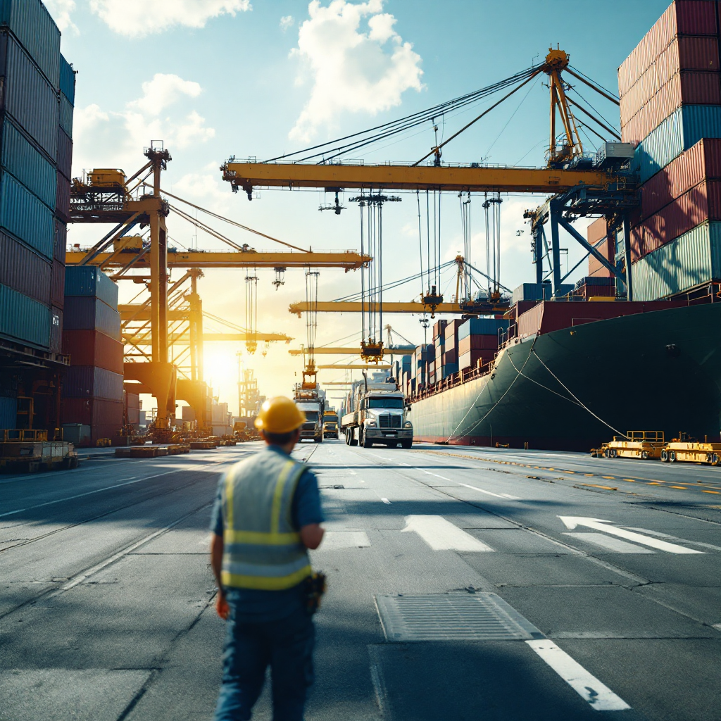 Close-up view of quay cranes lifting containers from a container ship while yard trucks move containers away, showing crane operators and coordinated ground movement