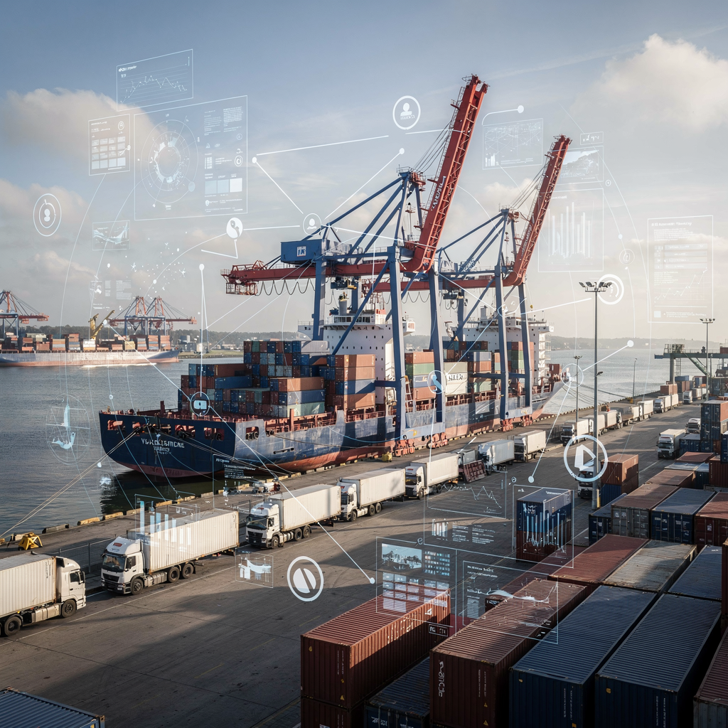 A modern quay with cranes and container vessels being loaded, trucks queued, and a digital overlay concept showing data flows; no text or numbers