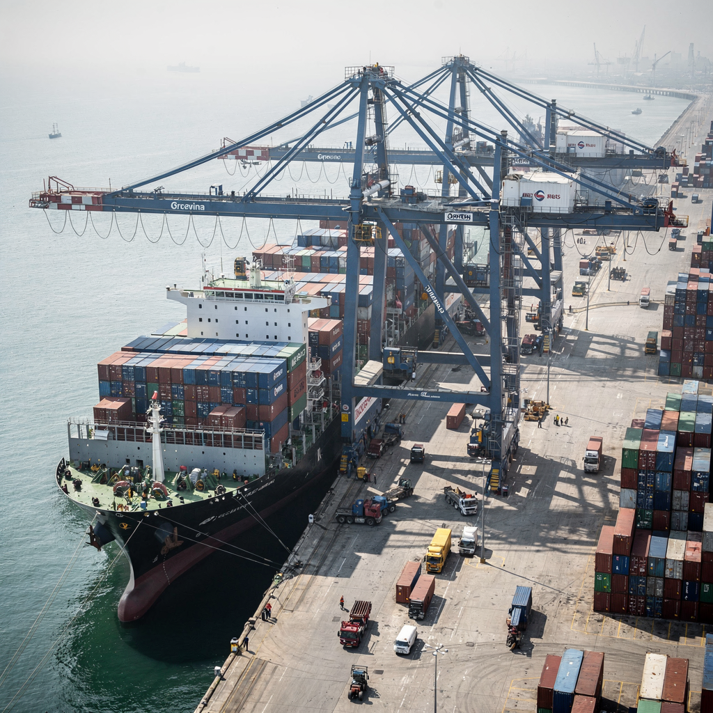 Quay cranes servicing container vessel High-angle photograph showing quay cranes servicing a large vessel with container stacks and adjacent container yard operations, taken during daylight with clear visibility. No text or numbers.