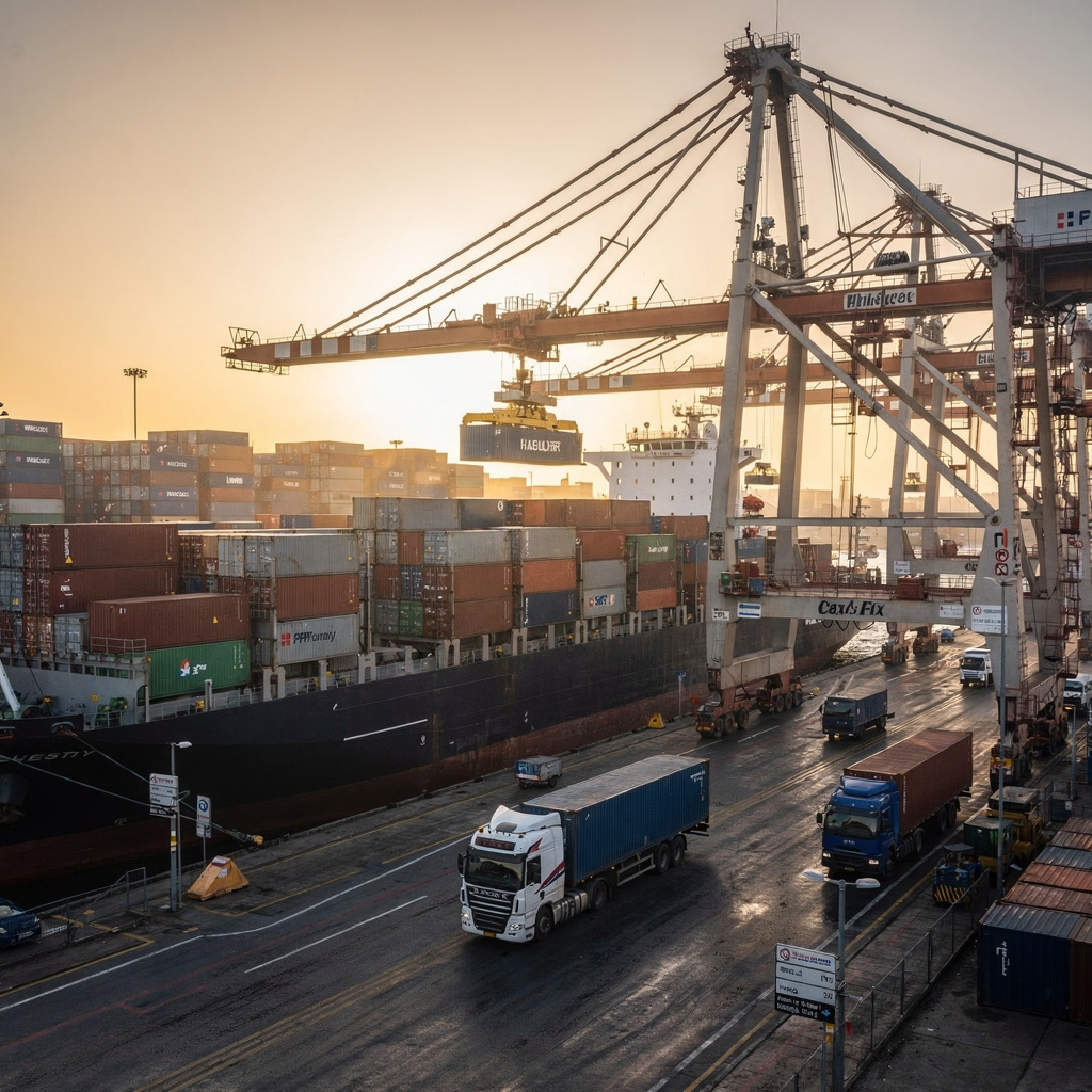 Quay cranes unloading a container ship A busy modern container quay at sunrise with quay cranes lifting containers from a large container ship, yard stacks in the background, and trucks moving containers to the gate
