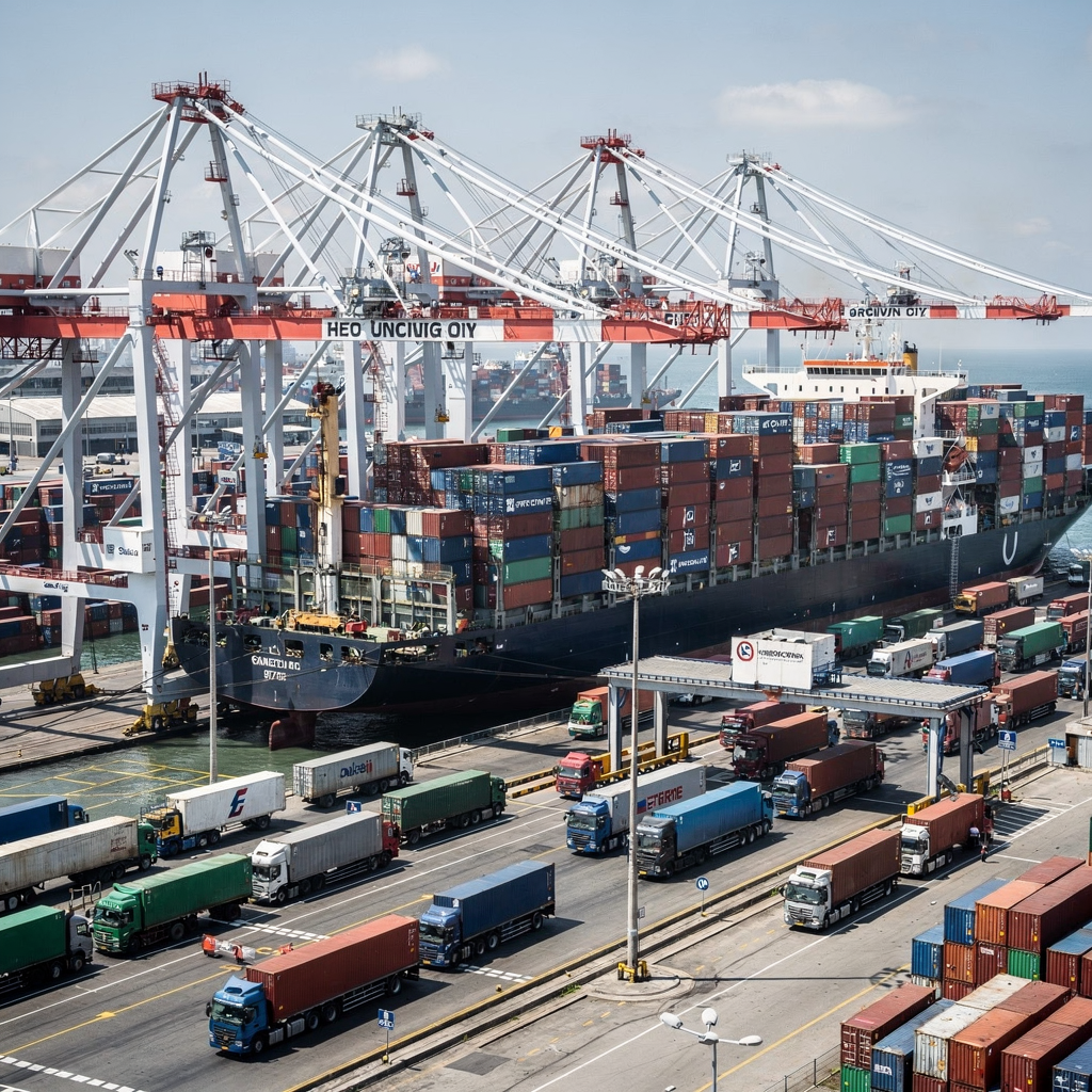 Quay cranes unloading containers at a busy terminal A busy container quay with multiple quay cranes unloading containers from a large vessel, trucks queuing at the gate, and yard stacks in the background, captured in bright daylight from an elevated viewpoint