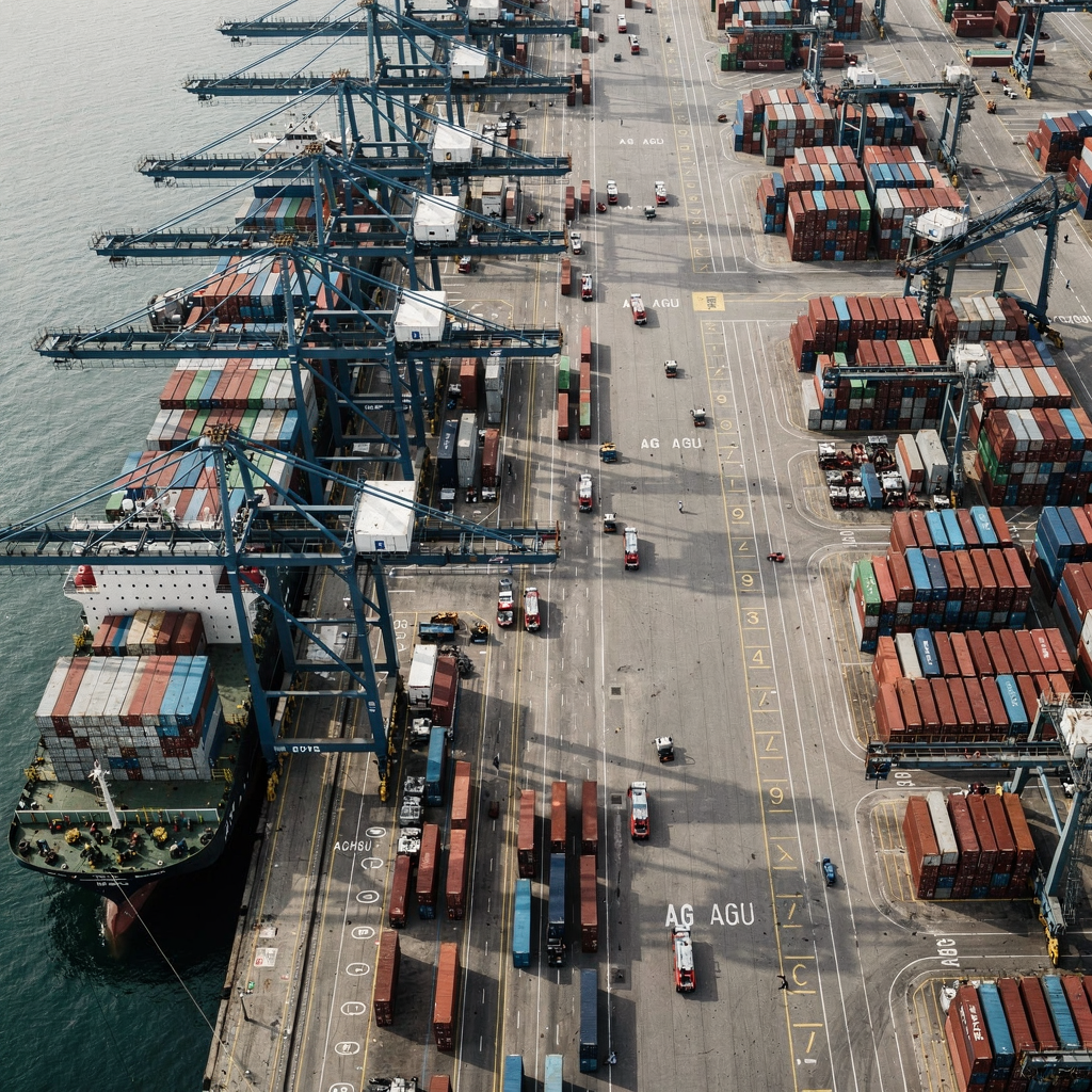 Top-down view of a quay area with multiple quay cranes unloading a container ship, AGVs carrying containers along marked lanes, and yard cranes placing containers in neat stacks, clear lighting