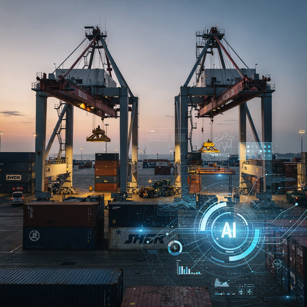 Two quay cranes working in tandem at twilight with containers stacked in the yard and a digital overlay hinting at AI-driven scheduling and data streams, realistic industrial scene