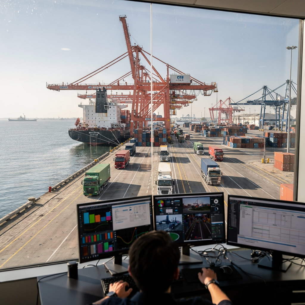 Quay operations with cranes and truck lanes Perspective view of a quay area with cranes servicing a vessel, trucks moving in organised lanes, and a control centre display visible through a glass office window, clear weather, no text