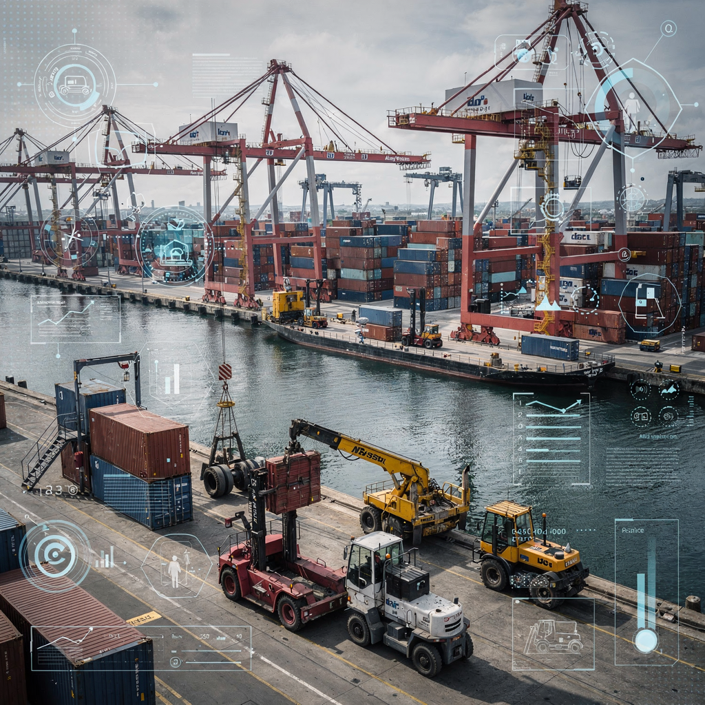 Quay with automated cranes and yard equipment under data overlay A busy quay showing automated cranes and yard equipment moving containers with a digital overlay feel, illustrating data-driven port operations, no text or numbers