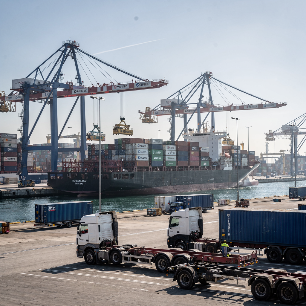 Quay with gantry cranes lifting containers A wide-angle daytime view of a busy quay with multiple large dockside gantry cranes lifting containers from a container ship, trucks and chassis in the foreground, clear sky, no text or numbers