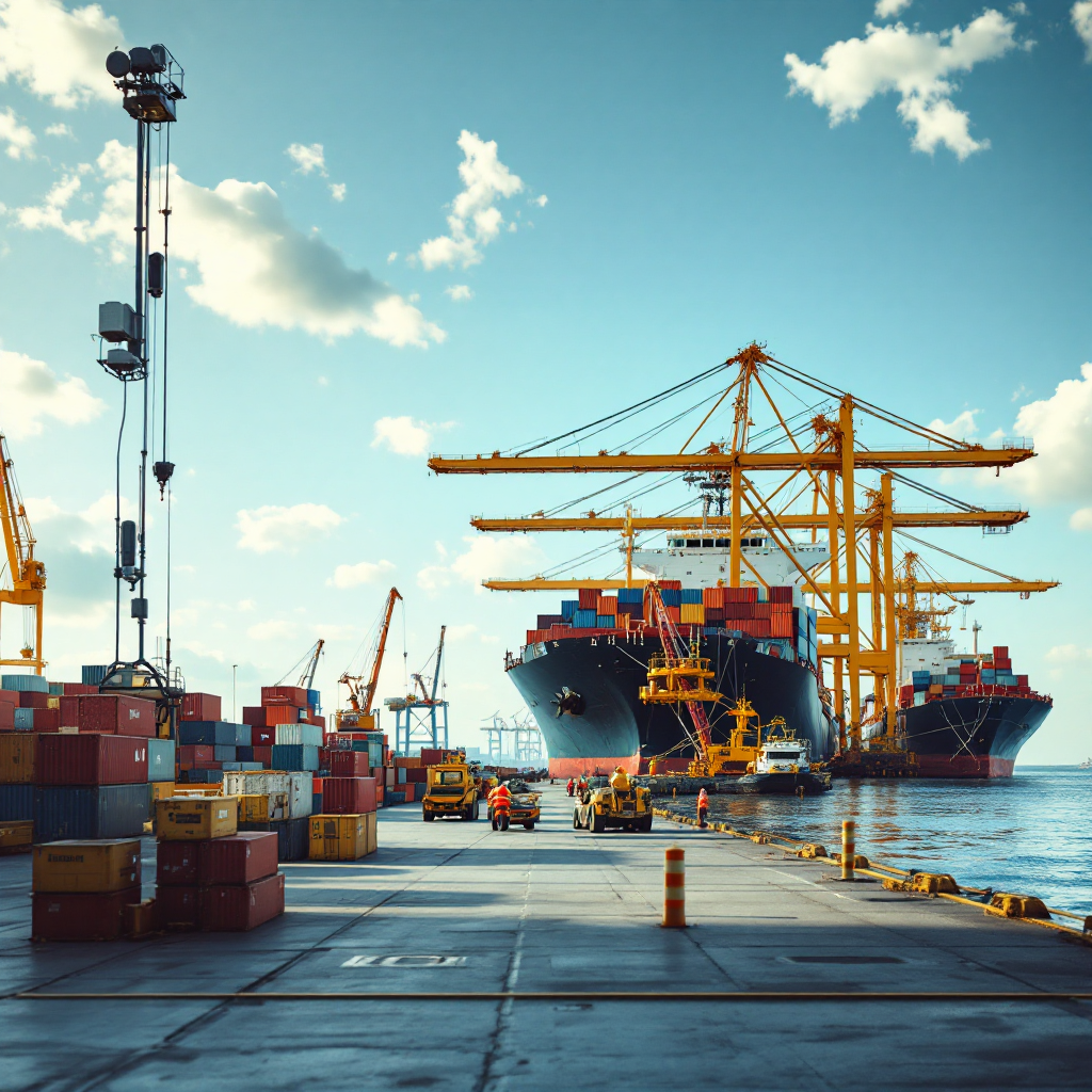 A quay with a container ship alongside, quay cranes active and port staff coordinating, with visible stacks of containers and yard cranes in the background (no text or numbers)