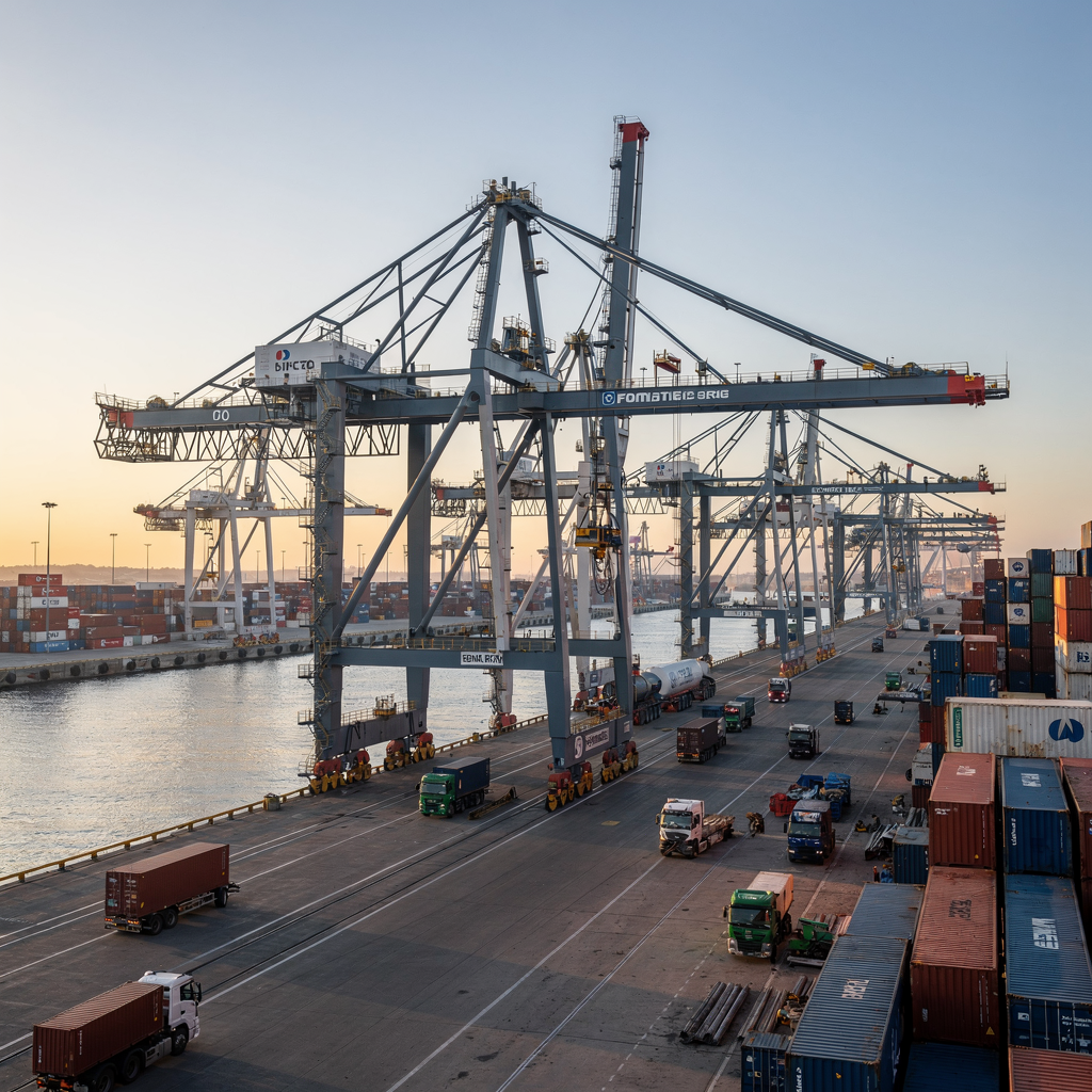 A modern container terminal quayside at dawn showing multiple quay cranes lifting containers, internal trucks moving, and a storage yard in the background, clear sky, no text