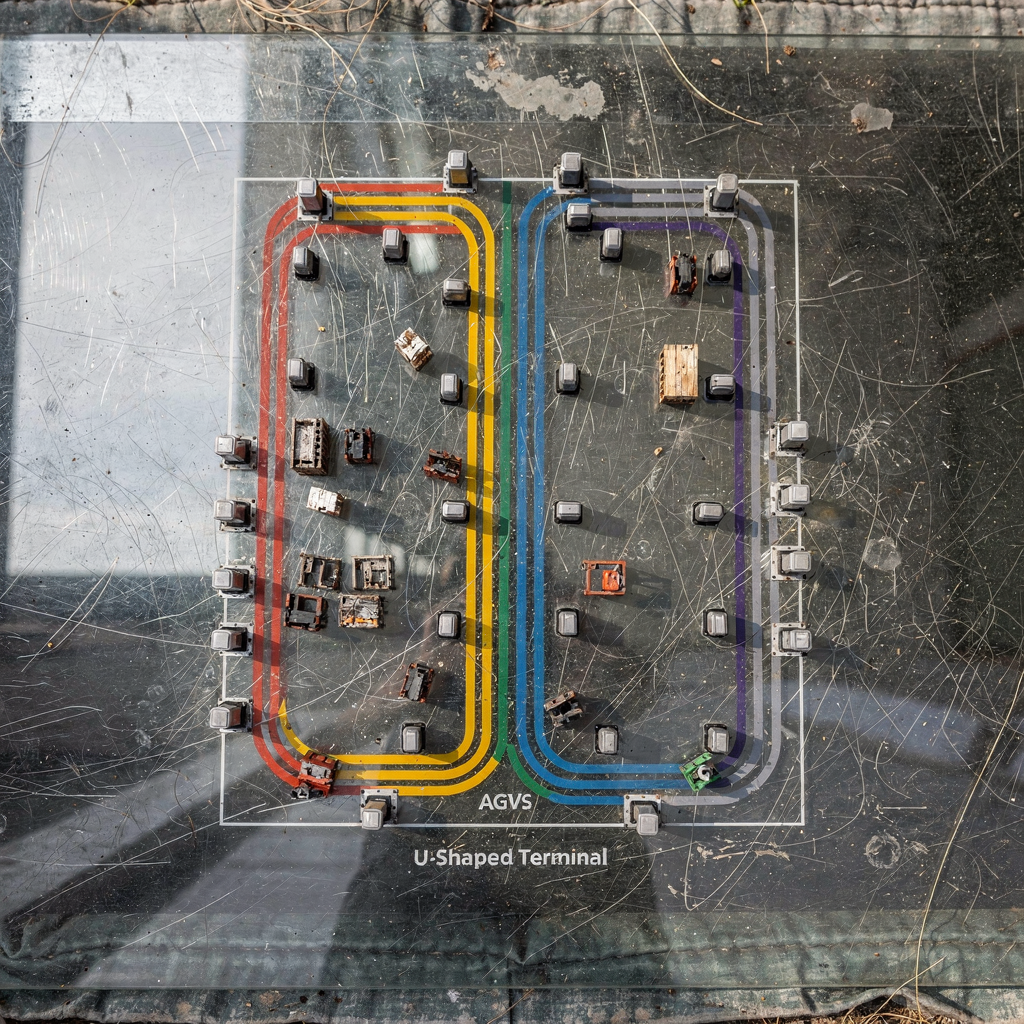 A conceptual diagram showing AGV routing and charging decisions in a U-shaped terminal, with colored paths and charging pads; no text or numbers