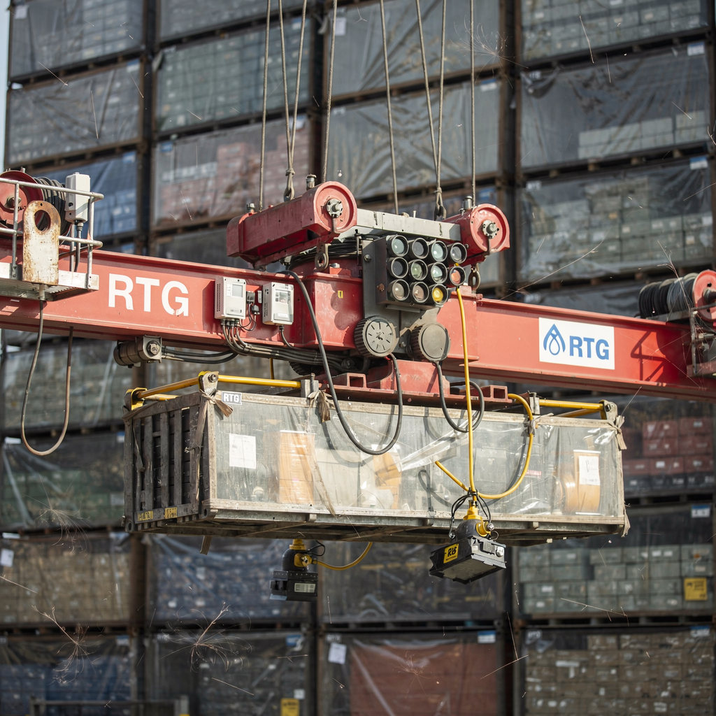 Close-up of an RTG crane spreader and trolley with sensor modules and a retrofitted proximity sensor array, set against a tidy stack yard. No text or logos.