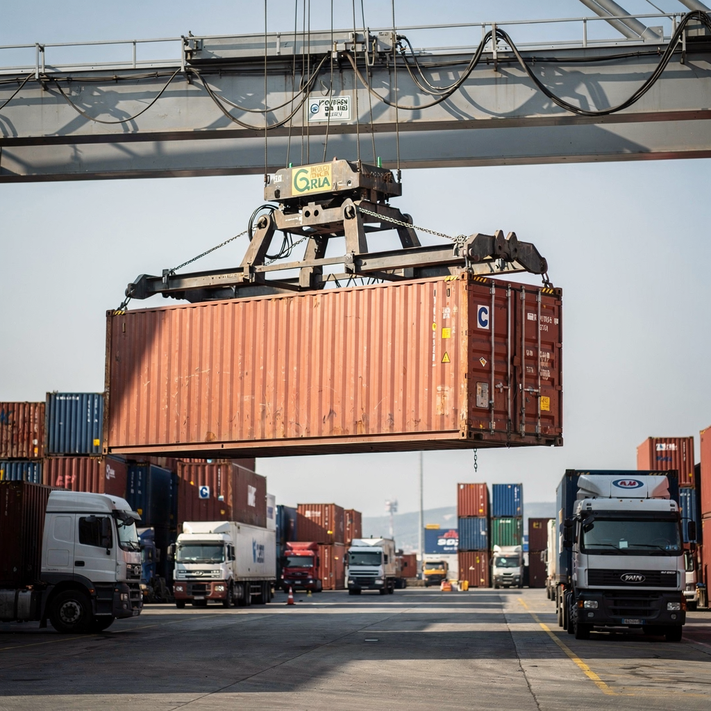 Rail mounted gantry lifting container in yard Close view of a rail mounted gantry crane lifting a container over a yard with trucks and stacks visible, modern terminal setting, no text or numbers