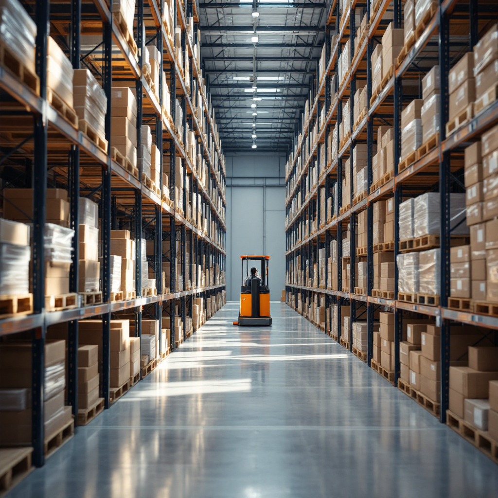 A clean modern warehouse interior with narrow aisles, racking full of pallets, and a reach truck operating between the racks under bright lighting, no text