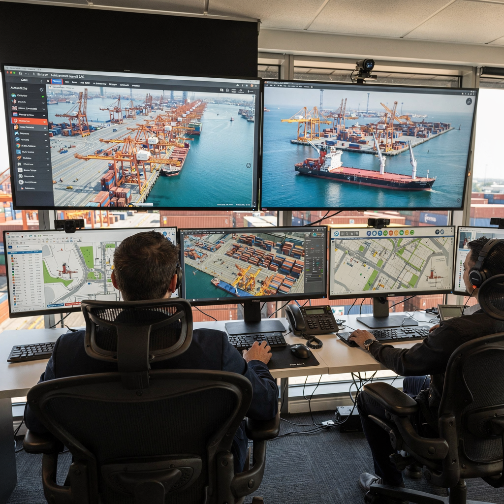 Real-time terminal operations dashboard in a control room A modern container terminal control room with large screens showing live vessel, crane, and yard status maps; operators monitor dashboards and communicate with crane teams. No text or numbers visible in the image.