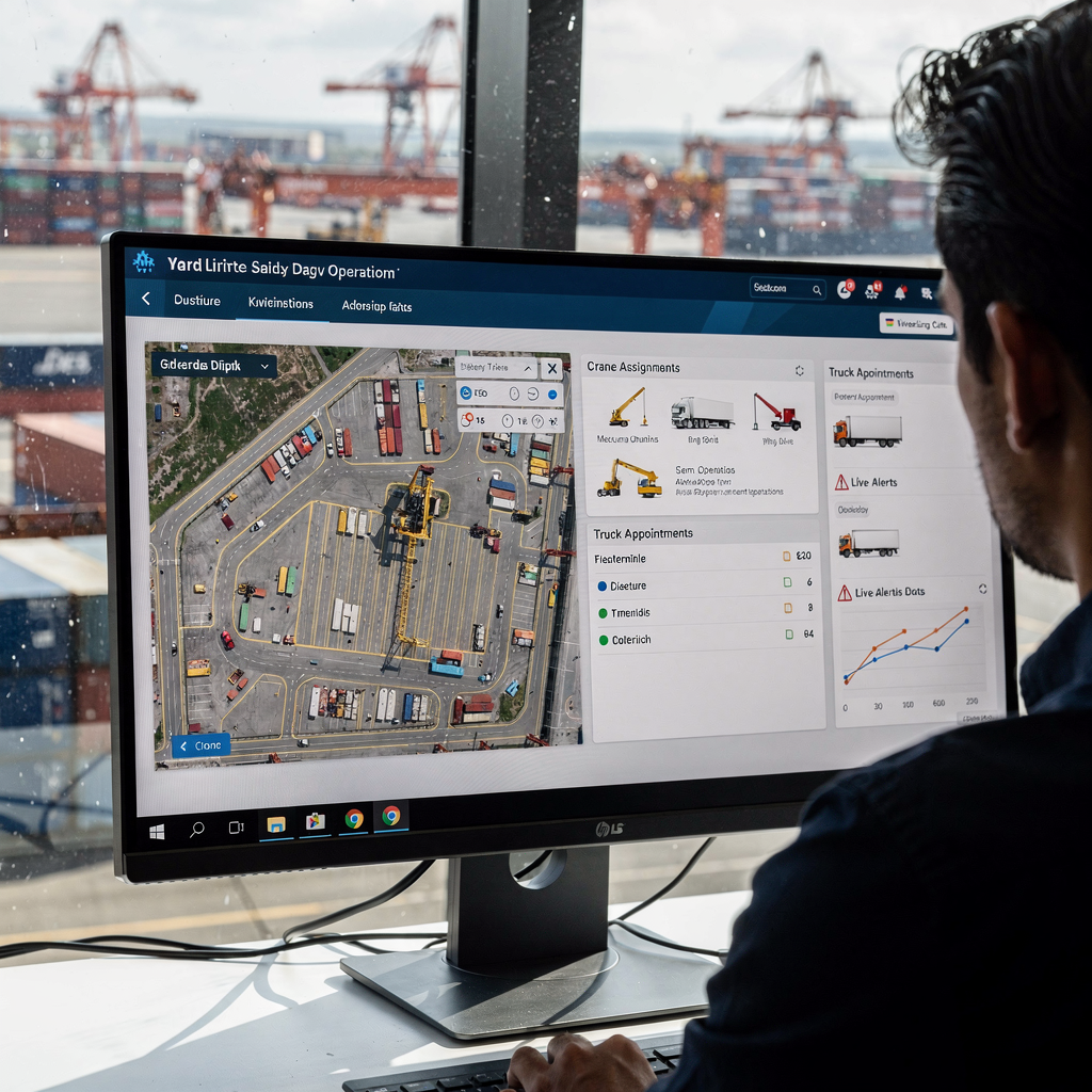 High-resolution image of a digital operations dashboard showing a yard map, crane assignments, truck appointments, and live alerts, set against the backdrop of a busy port