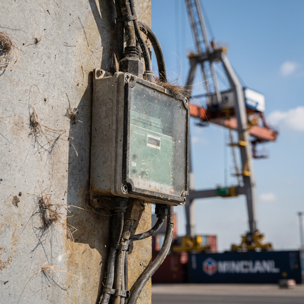 Rugged edge gateway near crane equipment Close-up of an industrial edge gateway installed near a terminal crane with cables and rugged casing, showing integration with on-site sensors but no text or logos