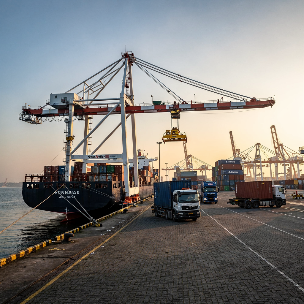 STS crane at quay over container vessel A modern container terminal quay at sunrise showing a long span STS crane with trolley and spreader aligned over a large container vessel, cranes and yard vehicles in the background, calm water, clear sky