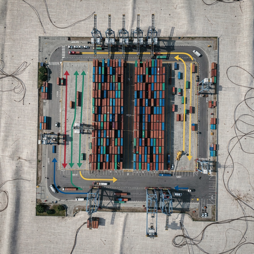 Schematic of container yard flows and quay crane cycles Overhead schematic of container yard with colored arrows showing vehicle and container flows, stack areas, quay cranes and gate lanes, clear graphical style and no text